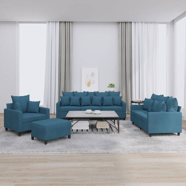 sofasæt 4 dele med hynder velour blå