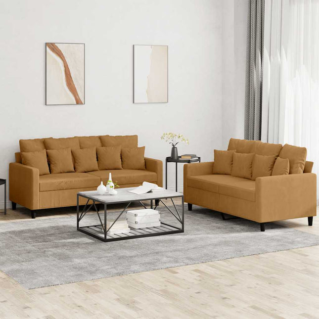 sofasæt 2 dele med hynder velour brun