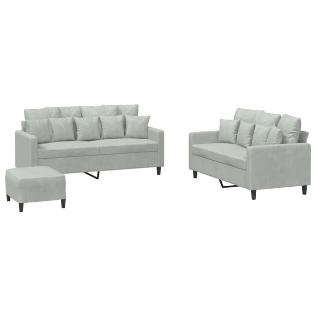 sofasæt 3 dele med hynder velour lysegrå