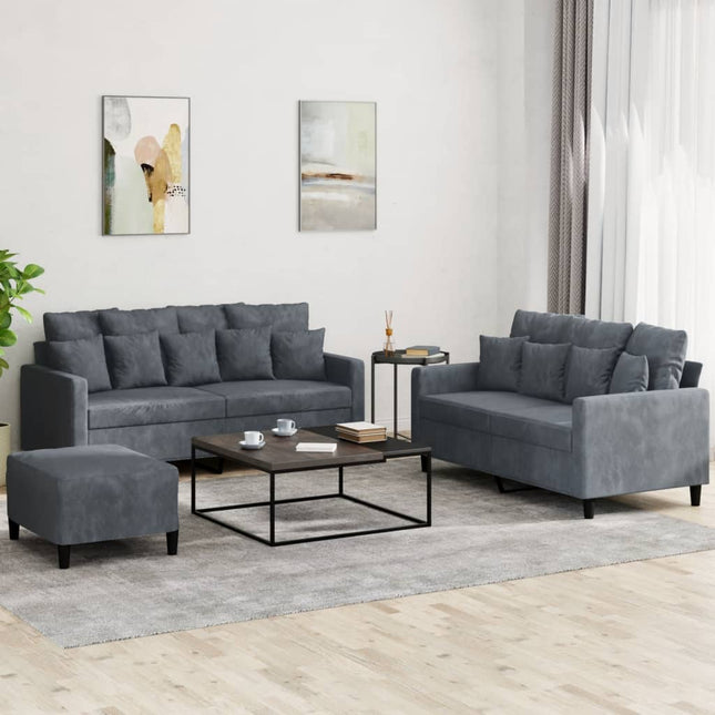 sofasæt 3 dele med hynder velour mørkegrå