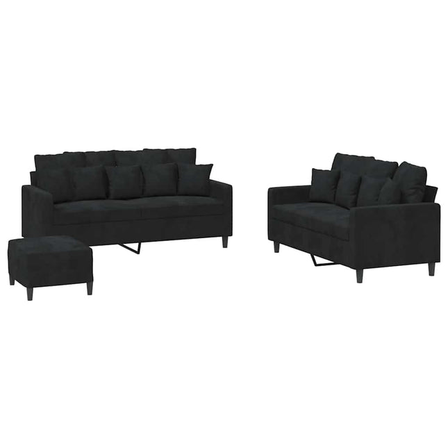 sofasæt 3 dele med hynder velour sort