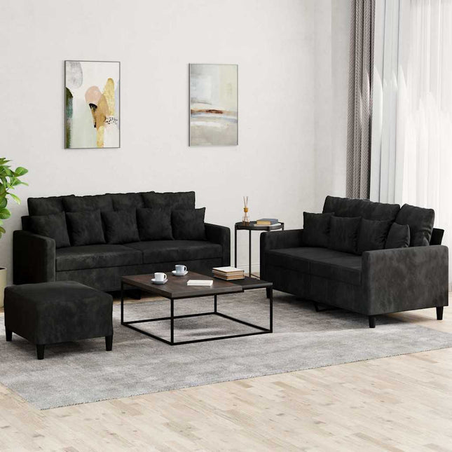 sofasæt 3 dele med hynder velour sort
