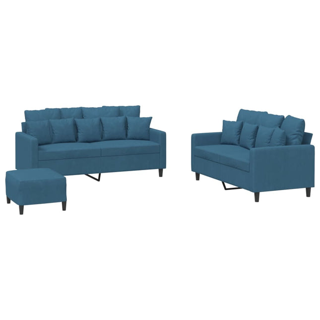 sofasæt 3 dele med hynder velour blå