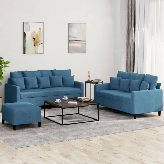 sofasæt 3 dele med hynder velour blå