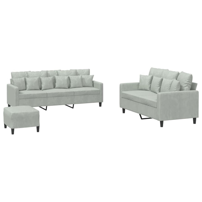 sofasæt 3 dele med hynder velour lysegrå
