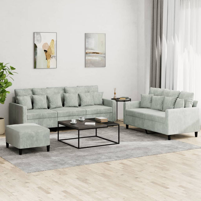 sofasæt 3 dele med hynder velour lysegrå