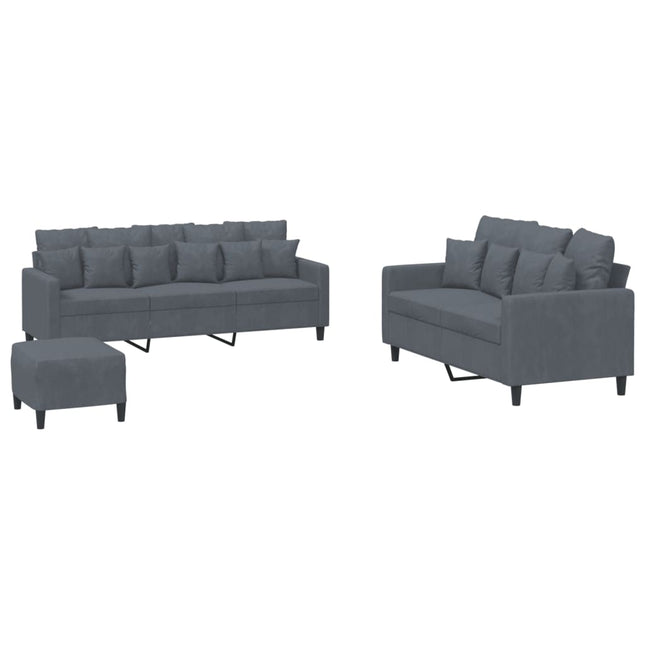 sofasæt 3 dele med hynder velour mørkegrå