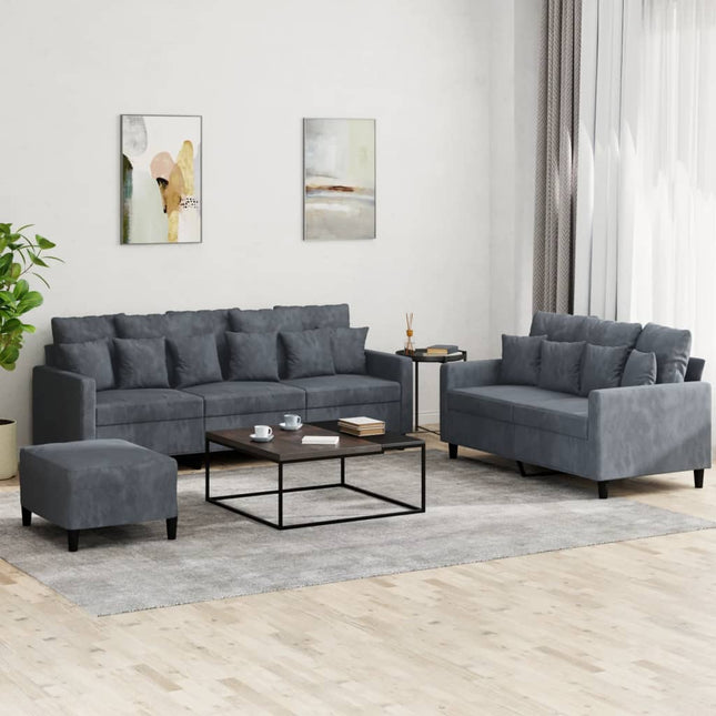 sofasæt 3 dele med hynder velour mørkegrå