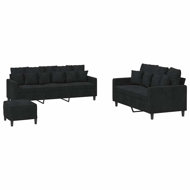 sofasæt 3 dele med hynder velour sort