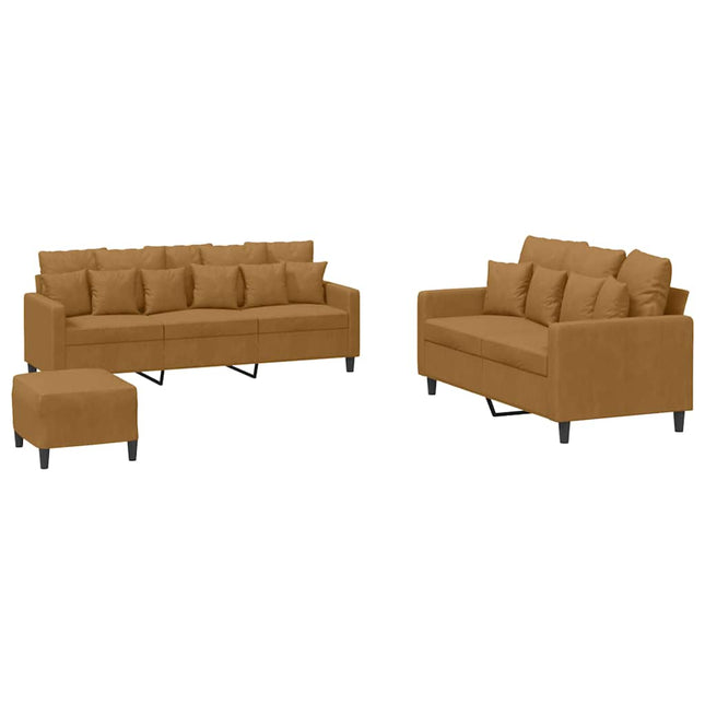 sofasæt 3 dele med hynder velour brun