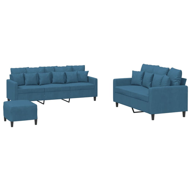 sofasæt 3 dele med hynder velour blå