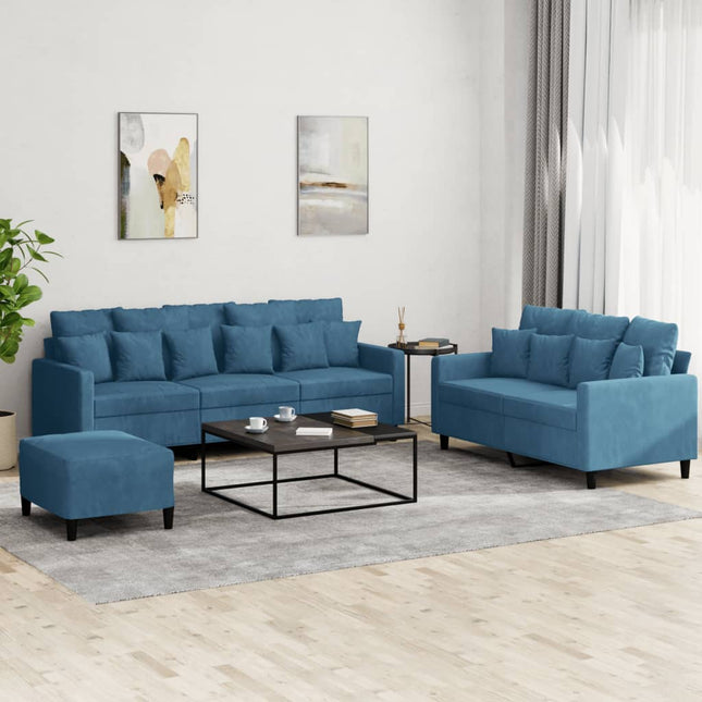 sofasæt 3 dele med hynder velour blå