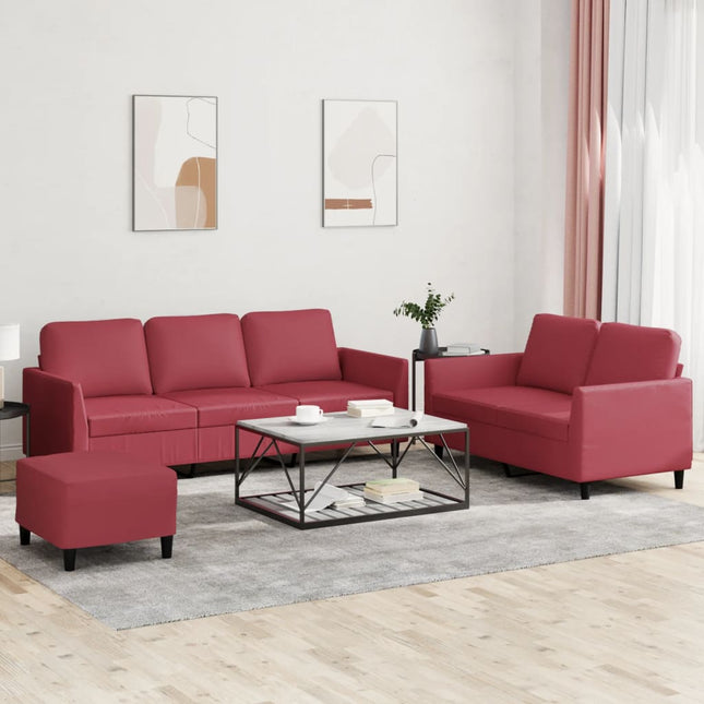 sofasæt 3 dele med hynder kunstlæder vinrød