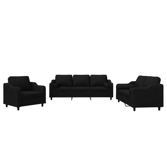 sofasæt 3 dele med puder stof sort