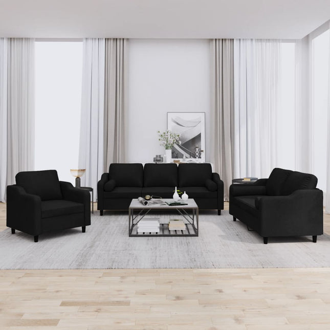 sofasæt 3 dele med puder stof sort