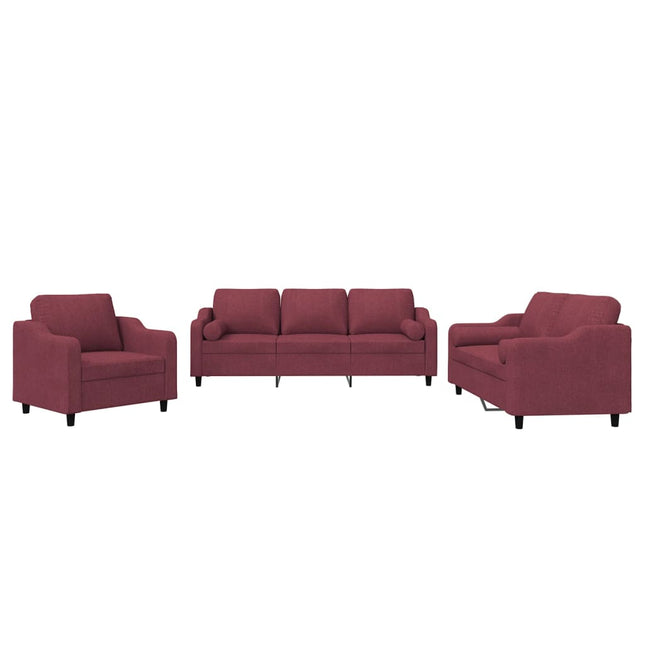 sofasæt 3 dele med puder stof vinrød