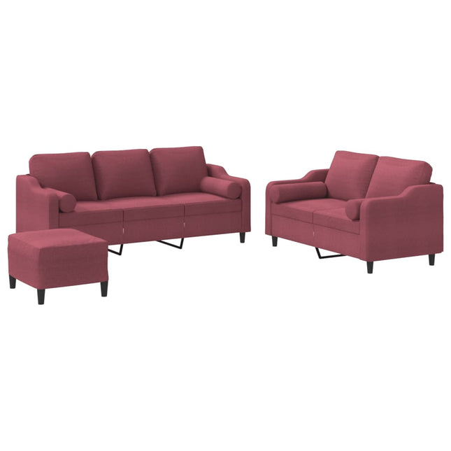 sofasæt 3 dele med puder stof vinrød