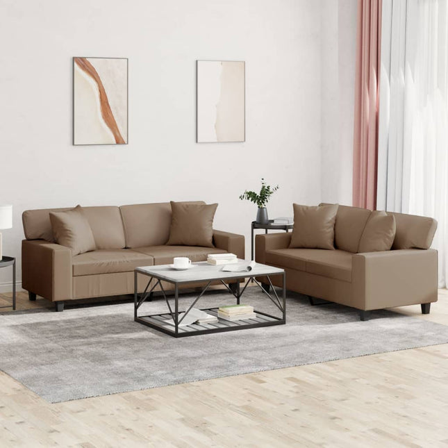 sofasæt 2 dele med puder kunstlæder cappuccinofarvet