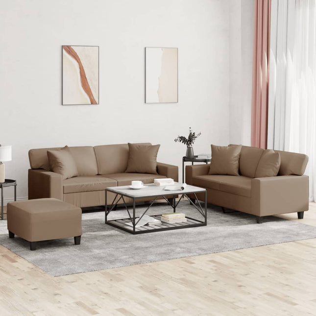sofasæt 3 dele med puder kunstlæder cappuccinofarvet