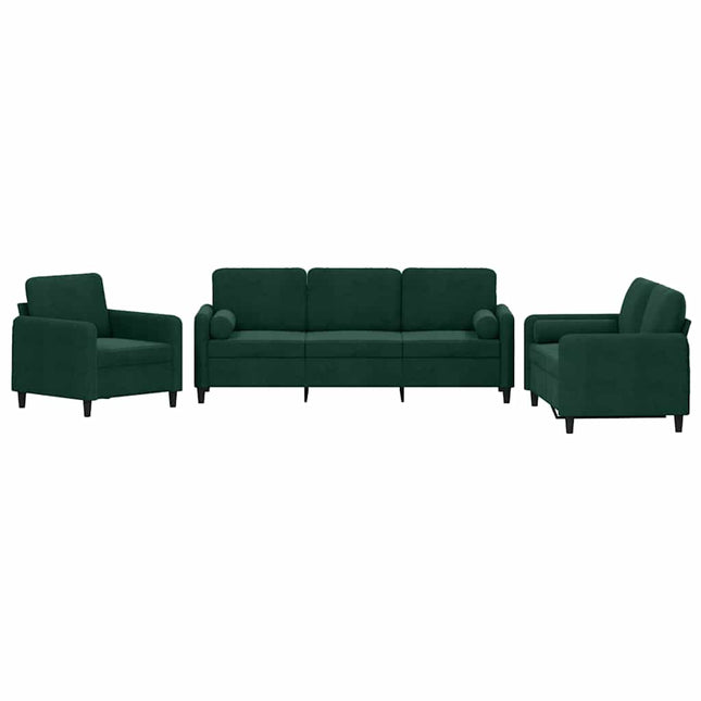 sofasæt 3 dele med puder velour mørkegrøn