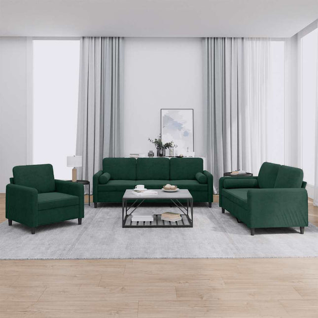 sofasæt 3 dele med puder velour mørkegrøn