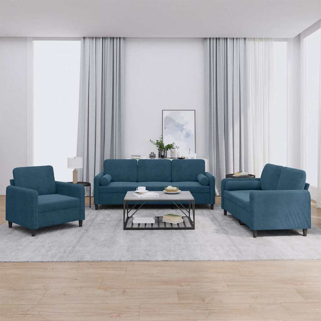 sofasæt 3 dele med puder velour blå