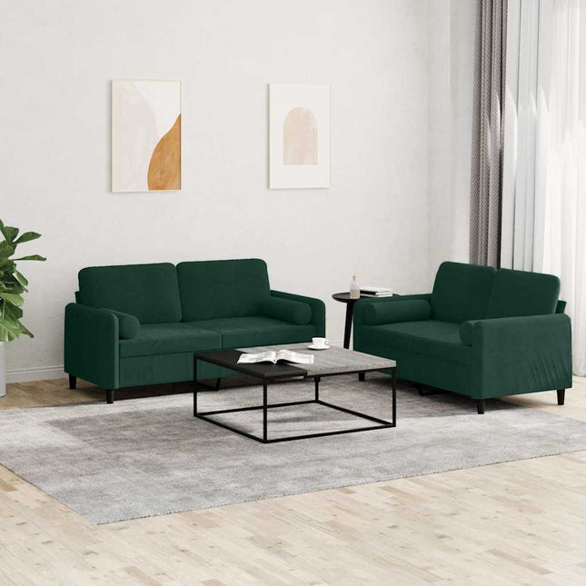sofasæt 2 dele med puder velour mørkegrøn