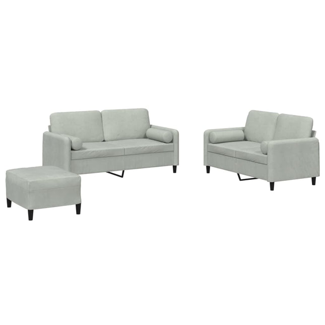sofasæt 3 dele med puder velour lysegrå