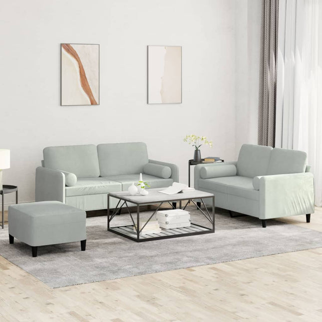 sofasæt 3 dele med puder velour lysegrå