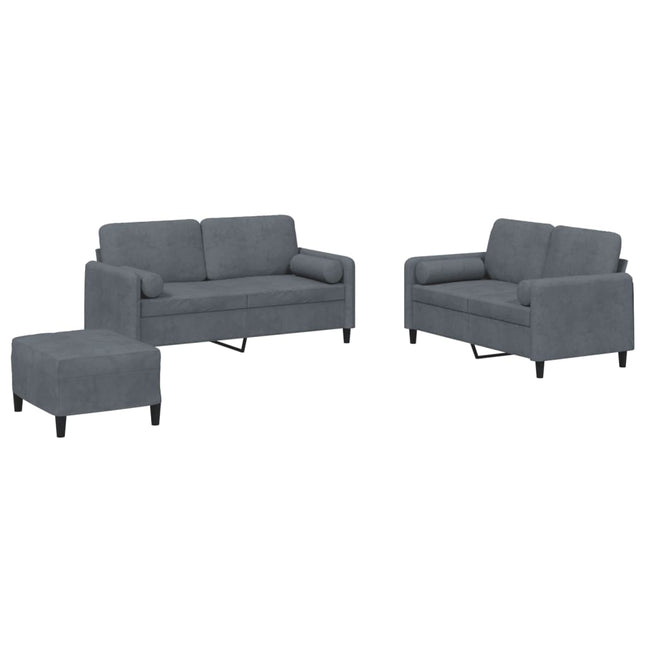 sofasæt 3 dele med puder velour mørkegrå