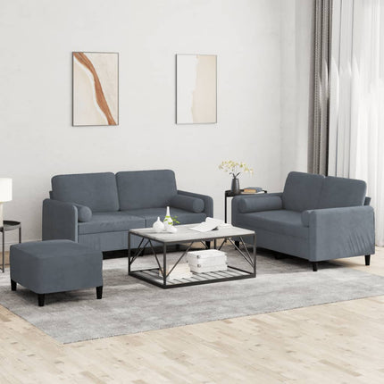 sofasæt 3 dele med puder velour mørkegrå