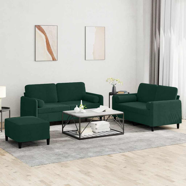 sofasæt 3 dele med puder velour mørkegrøn