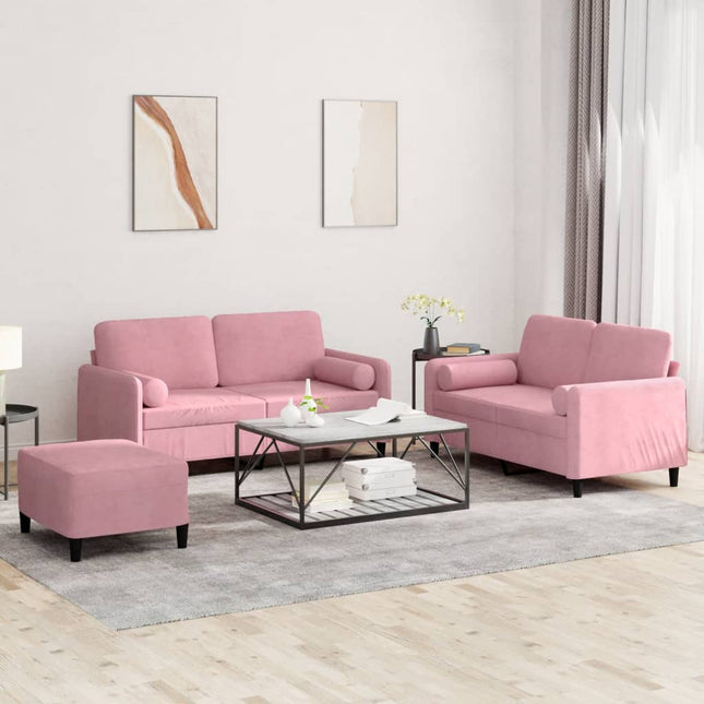 sofasæt 3 dele med puder velour lyserød