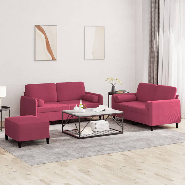 sofasæt 3 dele med puder velour vinrød