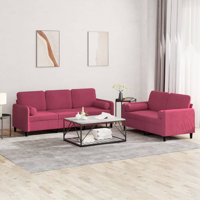 sofasæt 2 dele med puder velour vinrød