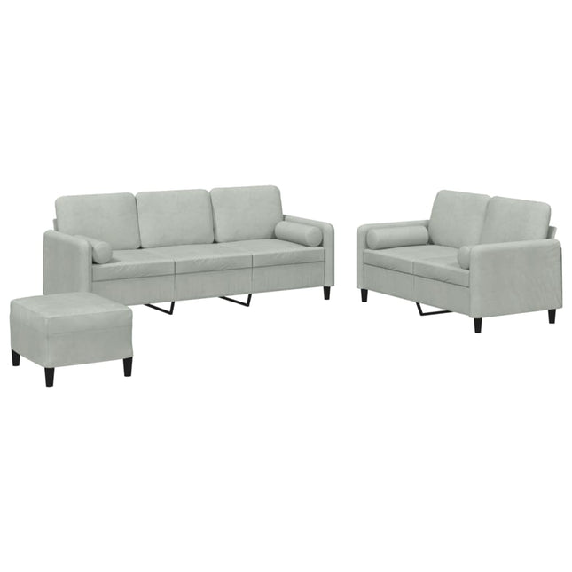 sofasæt 3 dele med puder velour lysegrå
