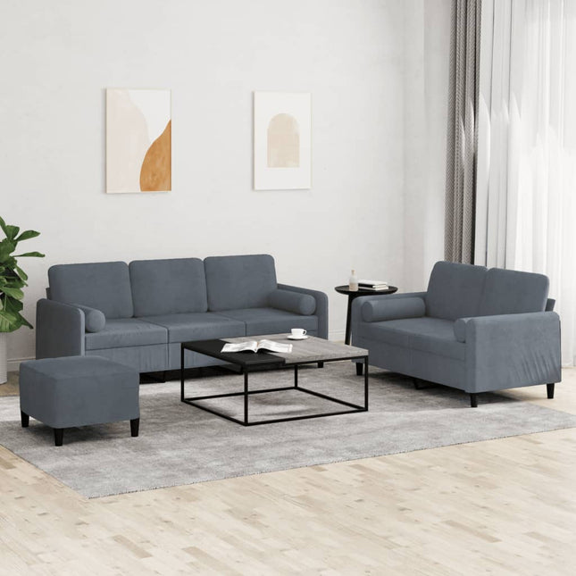 sofasæt 3 dele med puder velour mørkegrå