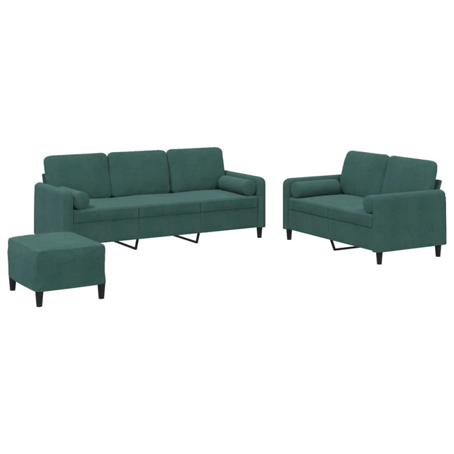 sofasæt 3 dele med puder velour mørkegrøn