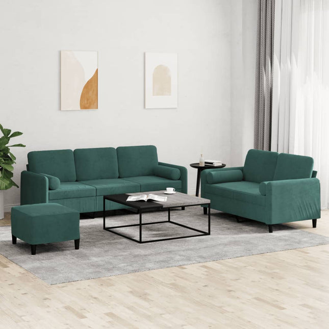 sofasæt 3 dele med puder velour mørkegrøn