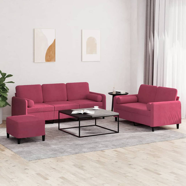 sofasæt 3 dele med puder velour vinrød