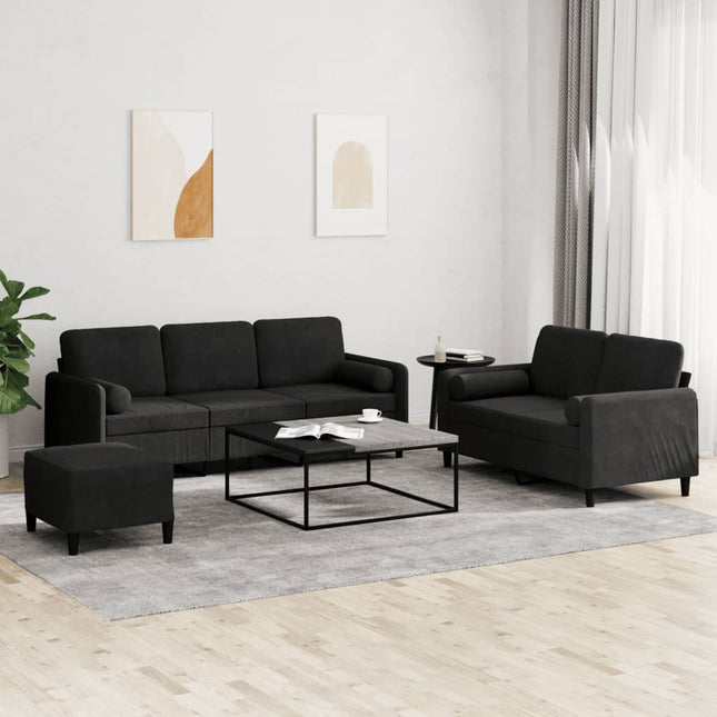 sofasæt 3 dele med puder velour sort