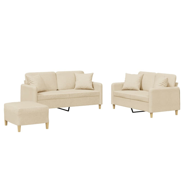 sofasæt 3 dele med puder stof cremefarvet