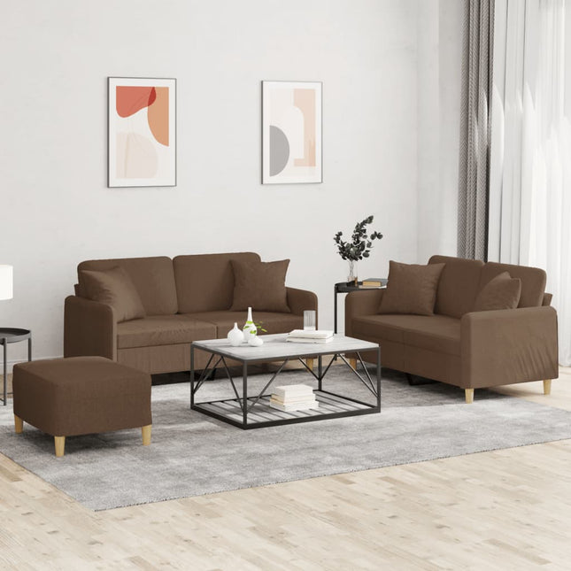sofasæt 3 dele med puder stof brun