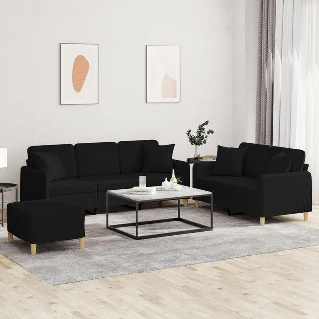 sofasæt 3 dele med puder stof sort