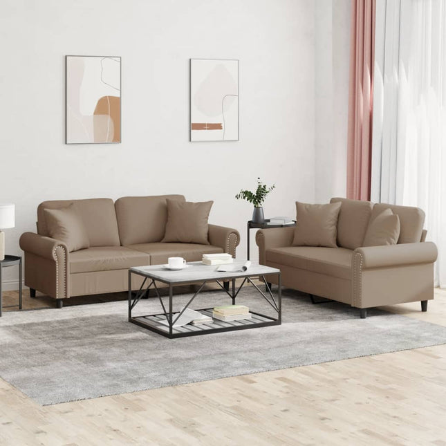 sofasæt 2 dele med puder kunstlæder cappuccinofarvet