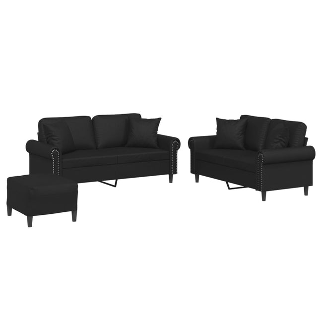sofasæt 3 dele med puder kunstlæder sort