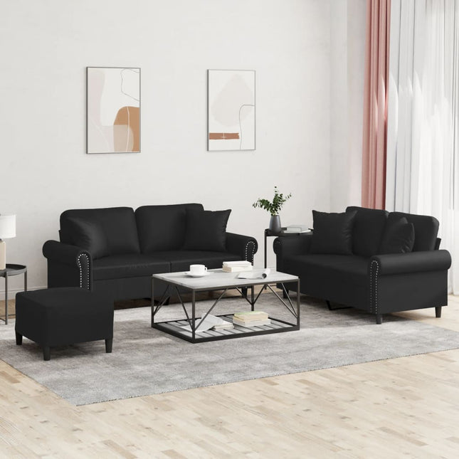 sofasæt 3 dele med puder kunstlæder sort