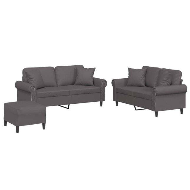sofasæt 3 dele med puder kunstlæder grå
