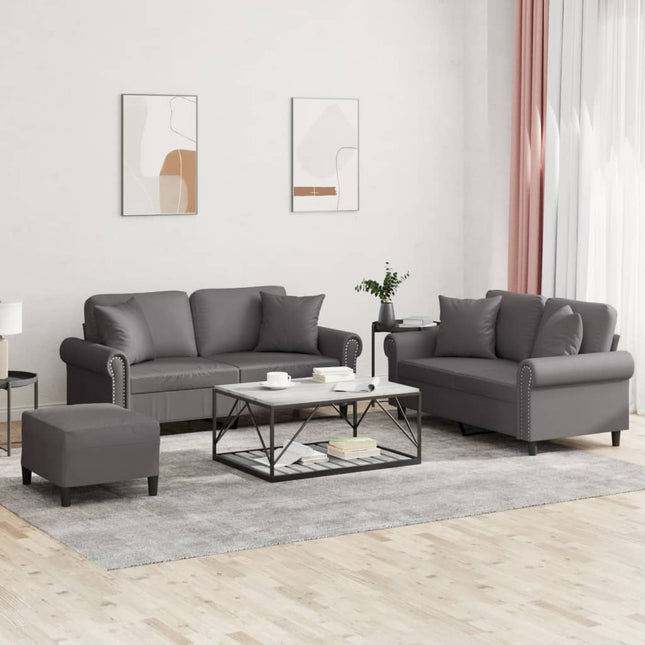 sofasæt 3 dele med puder kunstlæder grå
