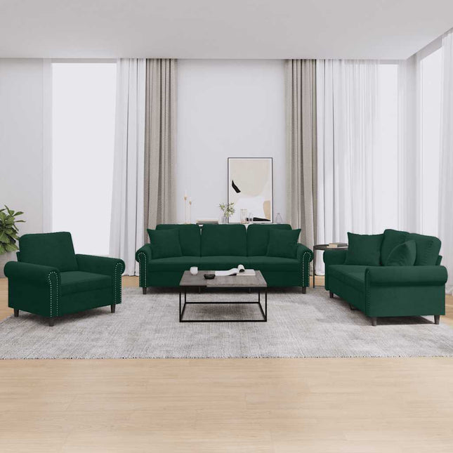 sofasæt 3 dele med puder velour mørkegrøn